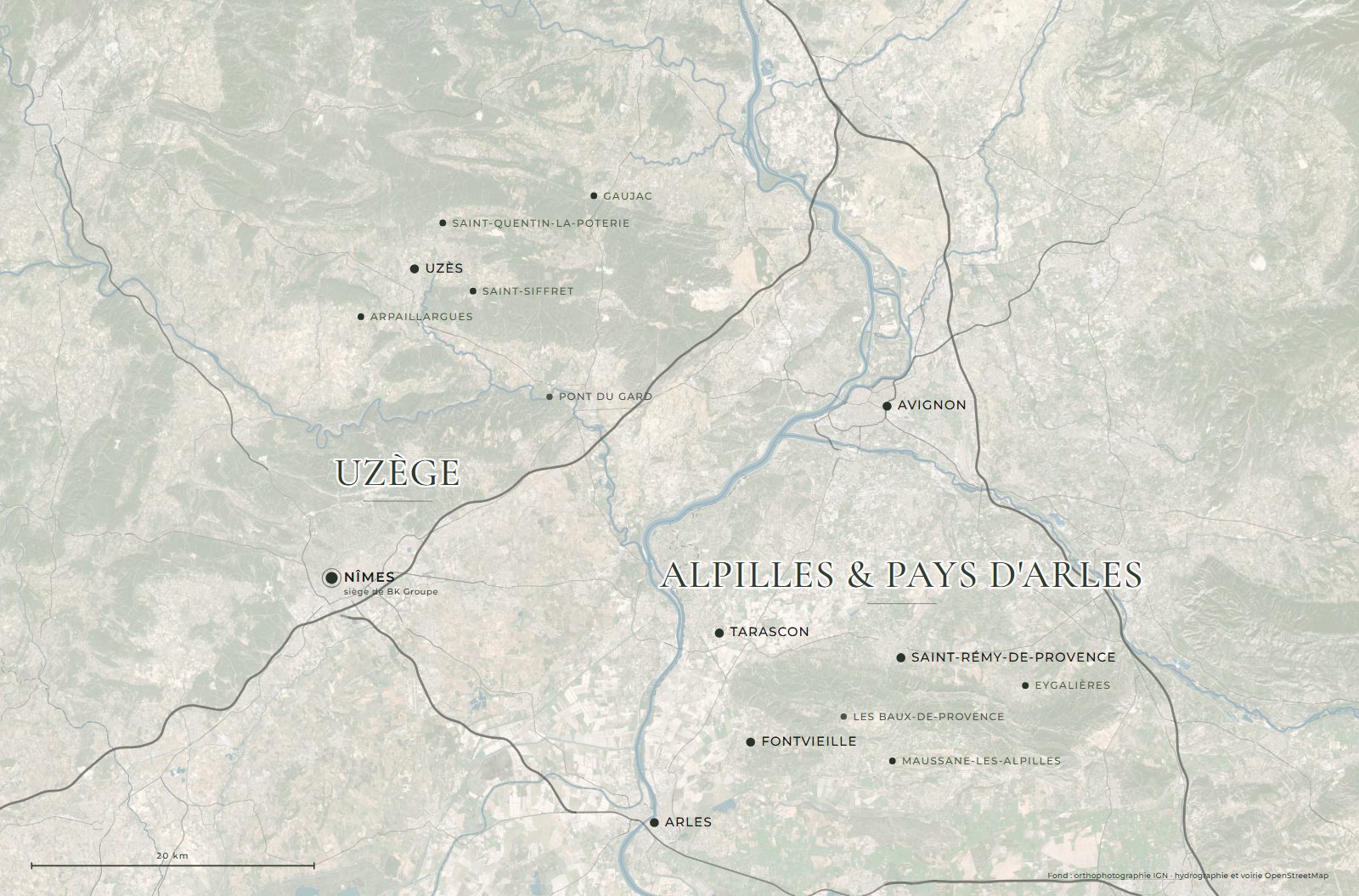 Les deux territoires d'intervention de BK Groupe : Gard et Uzège, Alpilles et Pays d'Arles
