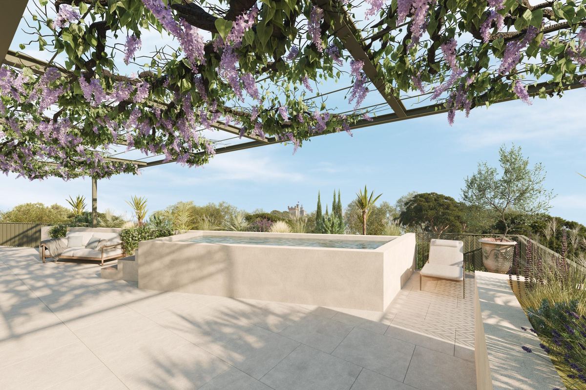 Terrasse sous pergola de glycine, résidence Inima