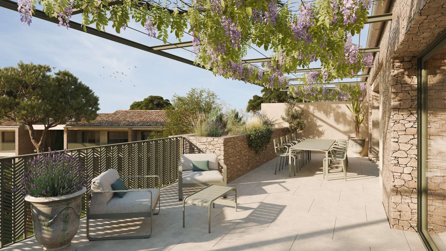Terrasse d'un logement de la résidence Inima, à Uzès